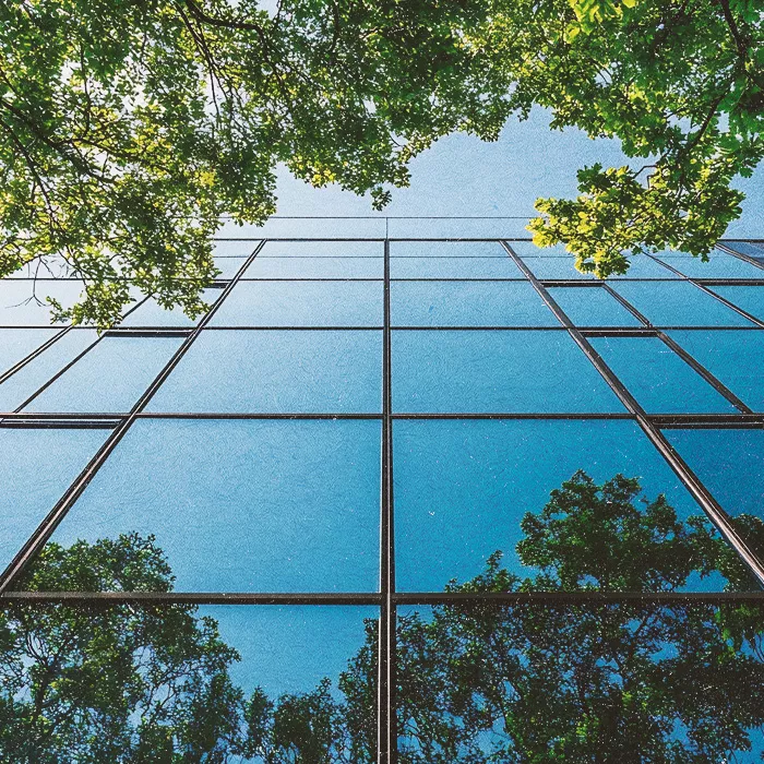 Glass building mirroring greenery