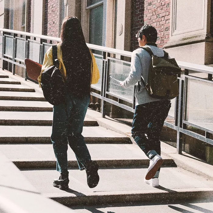 Two students walking up the stairs outside
