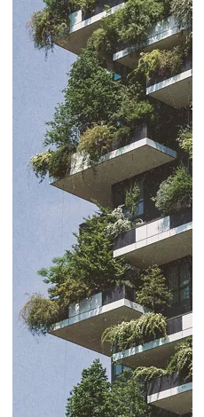 High-rise with balconies covered in greenery
