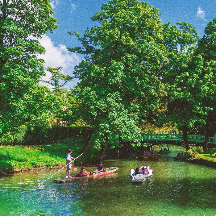 People in rowing boats in a canal surrounded with greenery