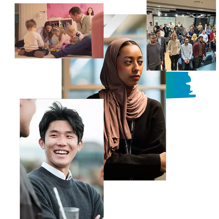 Collage of images of family playing together inside, a man smiling towards the camera, a young muslim woman and employees celebrating