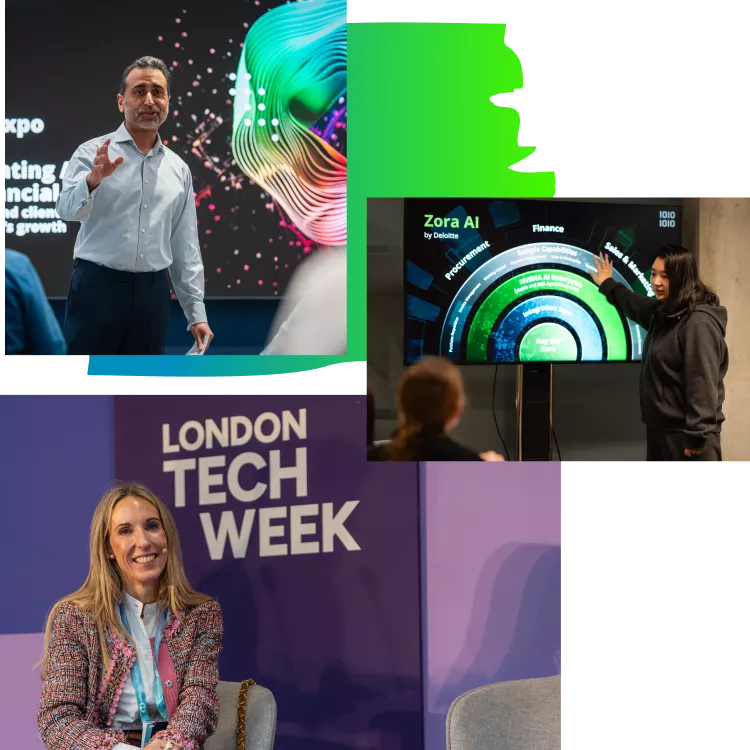 Woman smiling at the camera with London tech Week sign in the background
