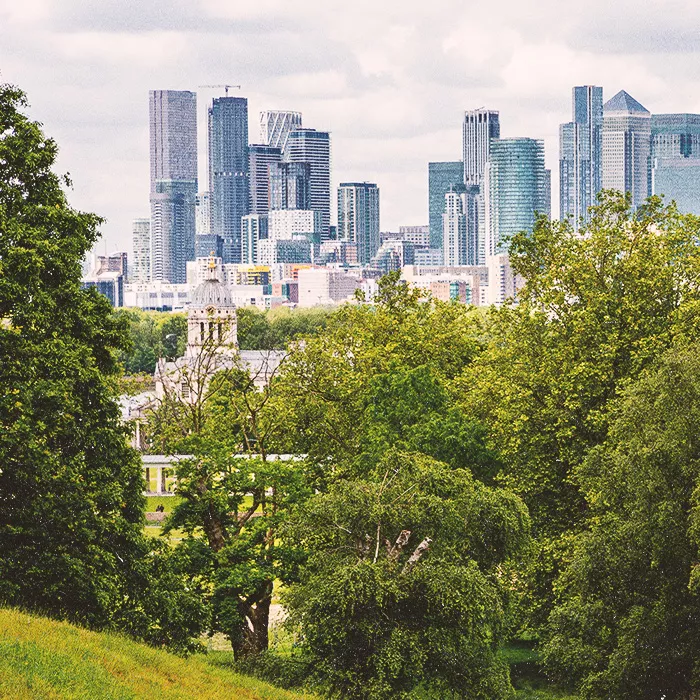 City view with skyscrapers with greenery in the foreground