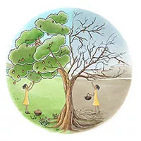 Illustration of a tree. Half of the tree is dry and dead. The other half is leafy and green.