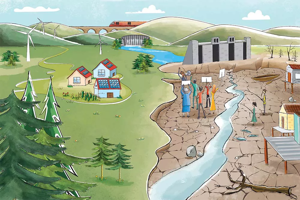 Illustration of a split landscape. One side is green and booming. The other is dry and lifeless.