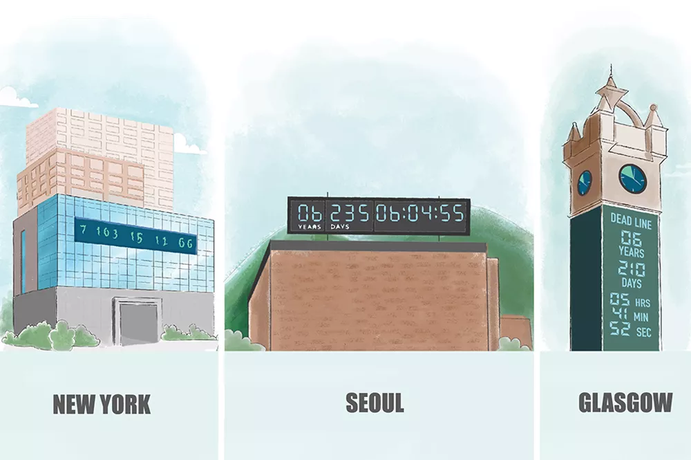 Illustration of countdown clocks on buildings in New York, Seoul, and Glasgow.