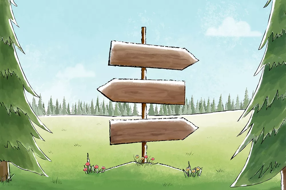 Illustration of wooden arrows placed in nature, all pointing to different directions.