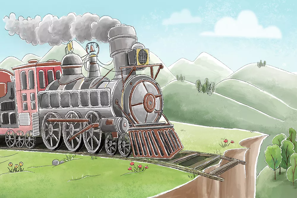 Illustration of train about to fall of a cliff.