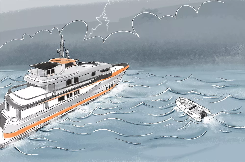 Illustration of a yatch and a rescue boat approaching a storm