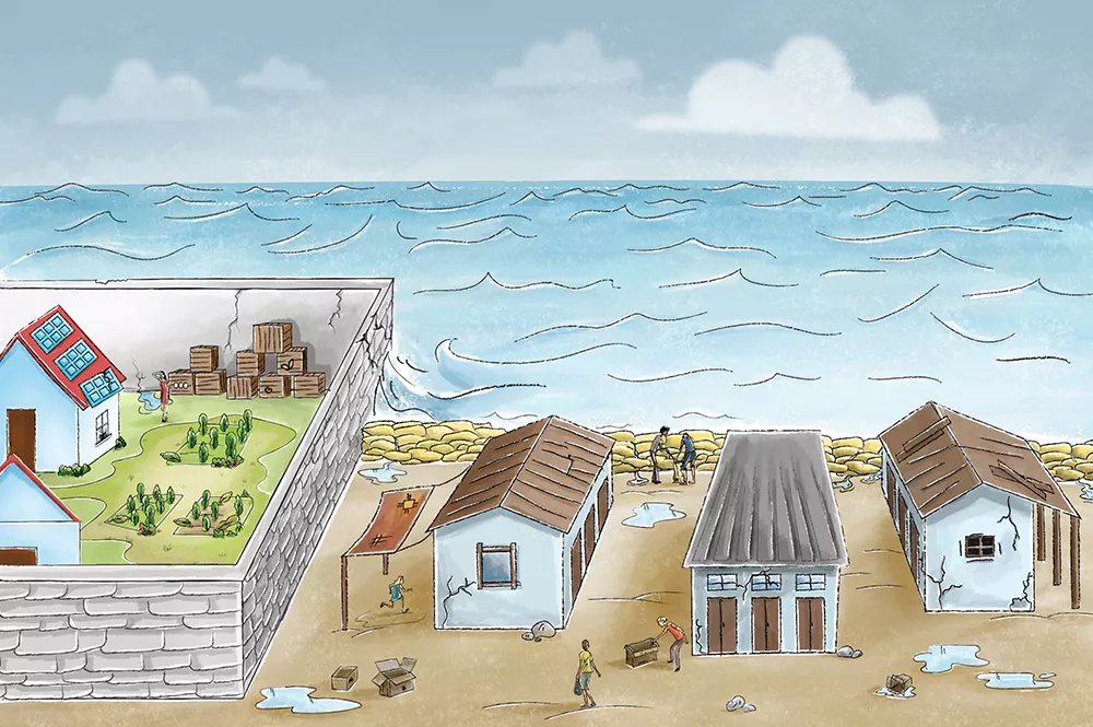 Illustration of a waterfront community trying to contain the rise of the tides with sandbags.