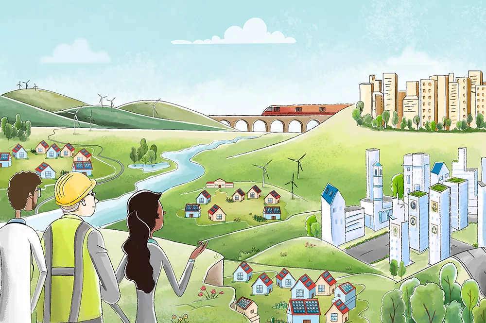 Illustration of three professionals looking over a prosperous community.