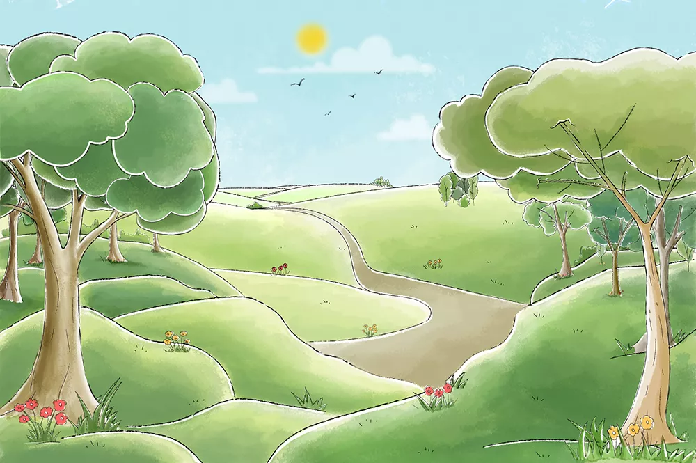 Illustration of a path surrounded by grass and trees.