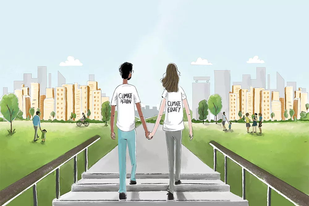 Illustration of a couple walking in a park holding hands both wearing t-shirts with 'climate action' printed on them.