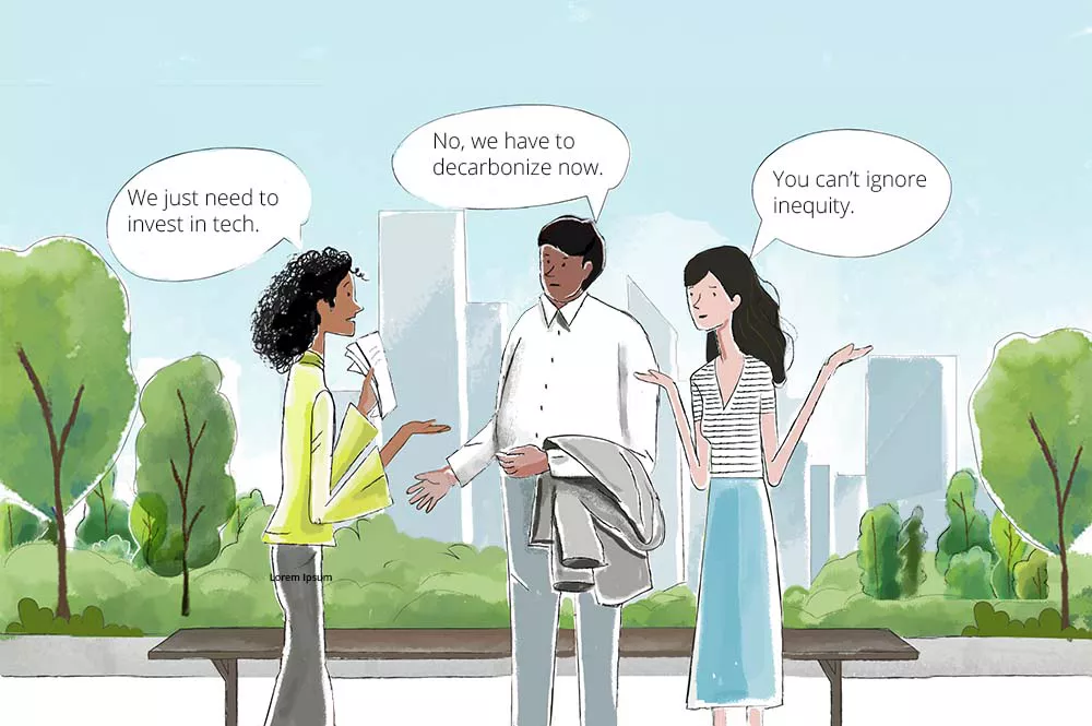 Illustration of three people having a conversation outdoors about climate and society.