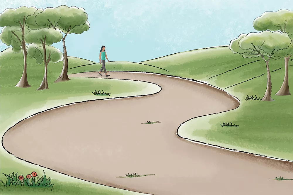 An illustration of a woman walking down a path alone.