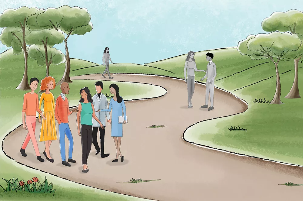 Illustration of a woman walking down a path with more people walking the same path.