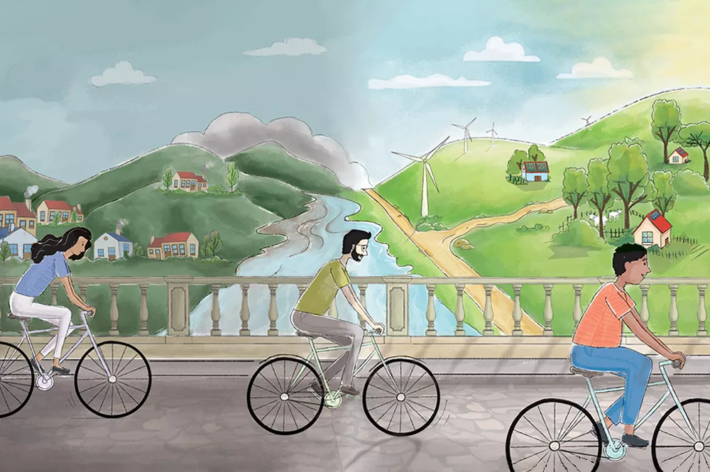 Illustration of three people riding bicycles on a bridge with nature and windmills on the background.
