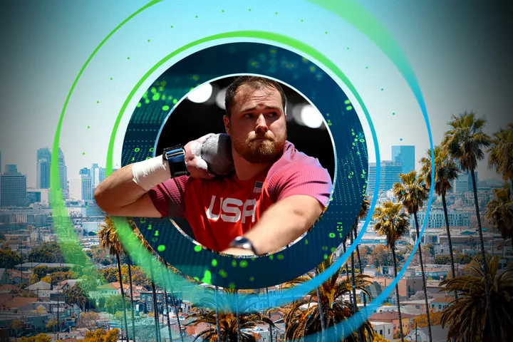 Athlete on ice with a circular data-style overlay