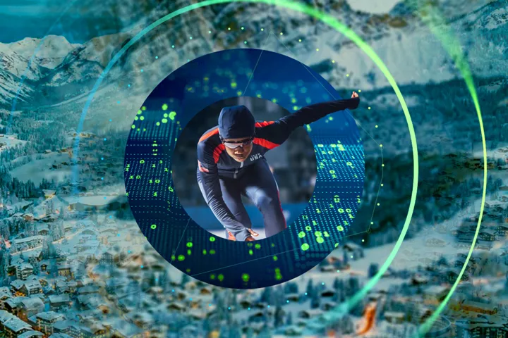 Athlete on ice with a circular data-style overlay