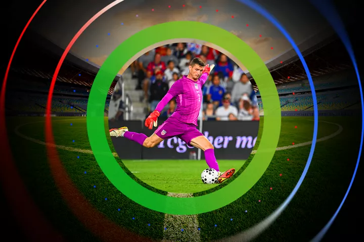 Soccer players celebrate on the field inside a stadium, overlaid with colorful concentric rings.